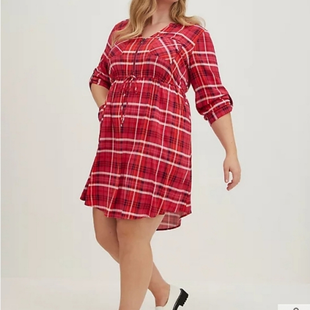 NWT Torrid Zip Front Plaid Challis Shirt Dress Red Size 0x 12 - Picture 14 of 14